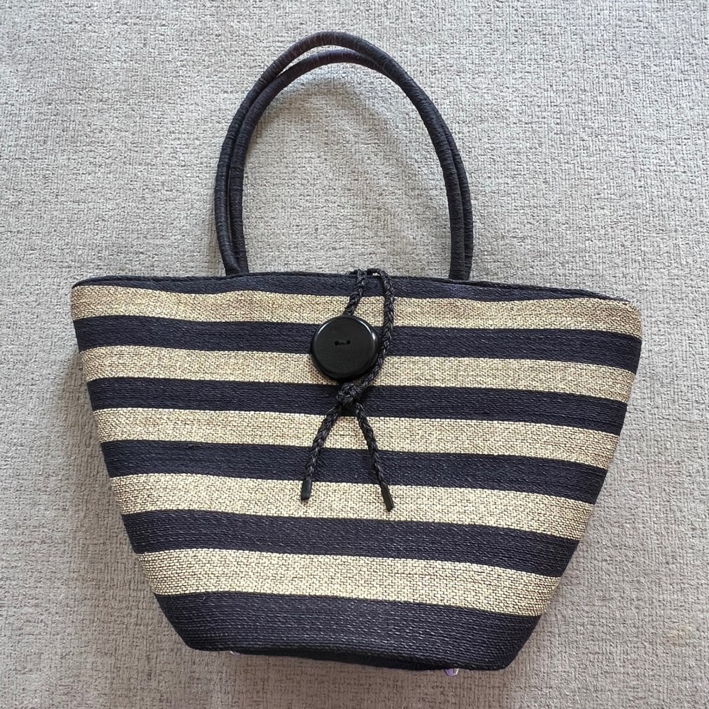 Striped Woven Straw‎ Tote Bag Purse Black Beige Summer Beach Large Button